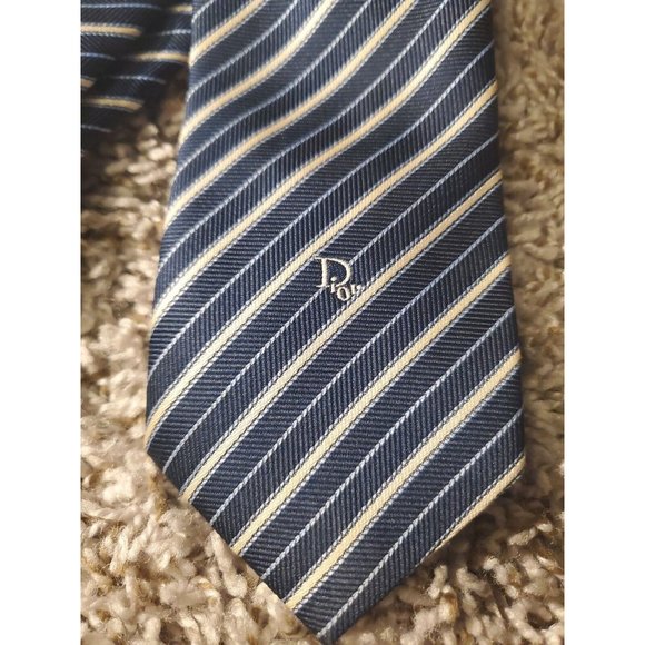 Christian Dior Vintage Navy Blue Stripe Polyester & Silk Blend Men’s Tie - Picture 5 of 7